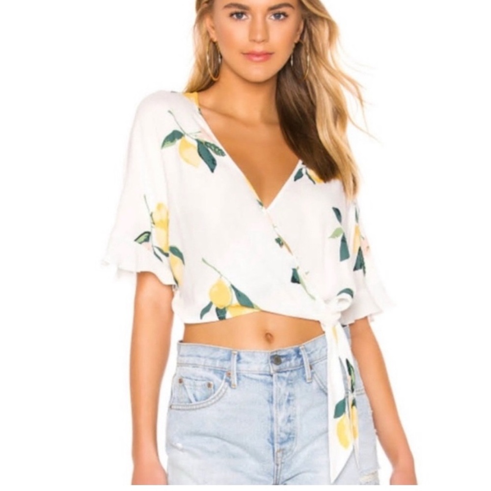 NWT Rails Athena Lemon Print Cropped Wrap Top - White